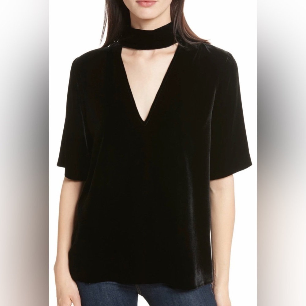 Theory Slit Collar V Neck Luxe Velvet Short Sleeve Black Size Small